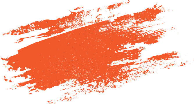 Bright orange abstract paint brush stroke texture with rough edges and white negative space background