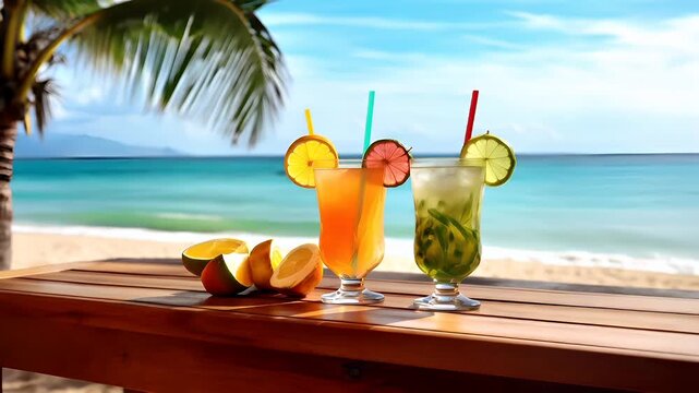 A vibrant, sunlit beachside scene featuring a wooden table with a glass of orange juice and a slice of lime. The glass is filled with a light green liquid, possibly mint or basil.