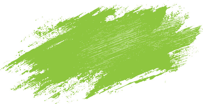 Bright green paint brush stroke with splatter and textured lines on white background vector