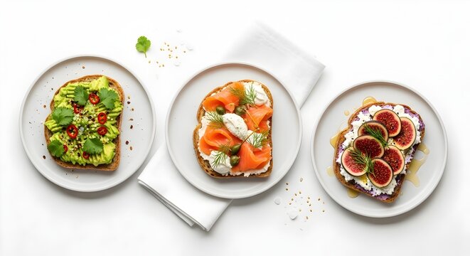 Gourmet Toast Trio Featuring Avocado Smoked Salmon and Figs on White Background - Powered by Adobe