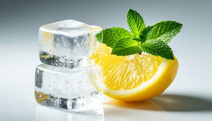 Ice cubes beside fresh lemon slice and mint leaves on a light background  