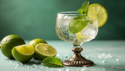 Refreshing cocktail with lime and mint in glass on green background  