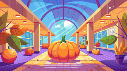 Vibrant autumn harvest display featuring large pumpkins under a sunlit conservatory with modern architecture and lush greenery