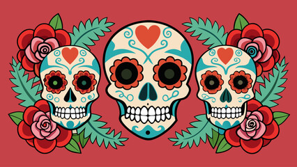 Vibrant sugar skulls adorned with hearts and flowers celebrating day of the dead traditions