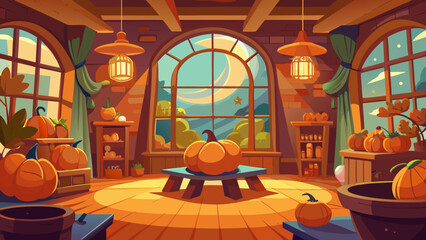 Cozy autumn harvest room filled with pumpkins under a large crescent moon and starry night sky