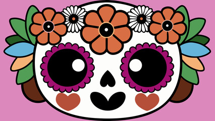 Whimsical sugar skull decorated with colorful flowers and leaves on a soft pink background