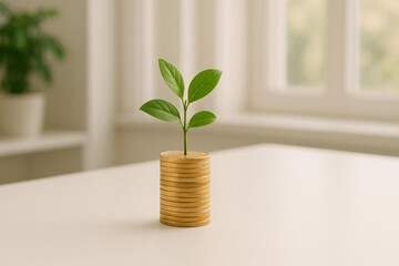 Green Growth: Concept of Sustainable Investment with Plant Growing from Coins