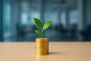 Green Growth: Symbol of Sustainable Investment with Coins and Seedling on Desk