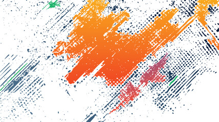 Abstract grunge texture with orange blue green and red paint splatters and distressed lines on white background