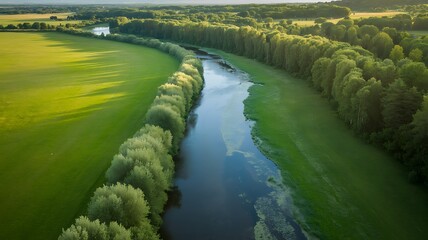 Aerial view of a winding river flowing through lush green fields and a vibrant forest landscape on a sunny day.