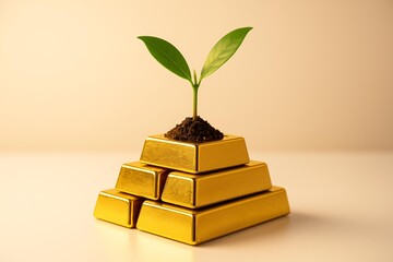 Sustainable Investment Concept: Green Plant Growing on Gold Bars