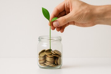 Sustainable Investment Concept: Growing Plant in Coin Jar