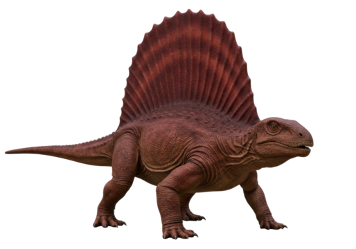 Isolated Dimetrodon, prehistoric animal with large sail on its back, walking quadrupedally