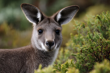Fototapeta premium Young kangaroo standing among lush greenery in natural habitat