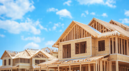 Wooden frame of unfinished house rises under cloudy sky, showing beams and structure in early construction phase.