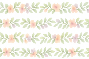 Watercolor floral seamless pattern with pastel flowers and green leaves, delicate botanical borders on transparent background