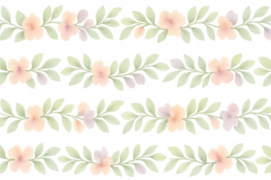 Watercolor floral seamless pattern with pastel flowers and green leaves, delicate botanical borders on transparent background