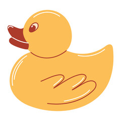 Retro cool rubber duck toy with organic curves and bold outline, ideal for bath time, childhood, baby concept. Vintage childrens book style flat vector illustration with a nostalgic, playful feel