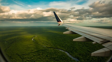 Aerial view of airplane wing soaring above a lush green forest and river beneath a dramatic cloudy sky landscape.