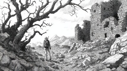 A solitary figure stands in a desolate landscape, gazing at ancient ruins and a gnarled tree against a backdrop of mountains and a cloudy sky.