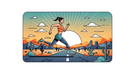Athletic woman running on a desert road at sunrise in a modern illustration style.