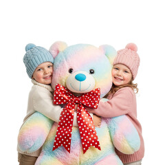 Children Hugging Rainbow Teddy Bear