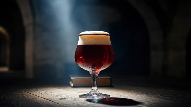 Glass of belgian trappist dark ale beer on wooden table in old monastery cellar background