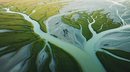 Aerial view of braided river systems and green landscapes showing natural earth patterns and textures.