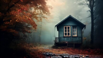 A digital artwork depicting a serene, misty forest scene with a solitary wooden cabin in the foreground. The cabin is painted in a muted blue hue.