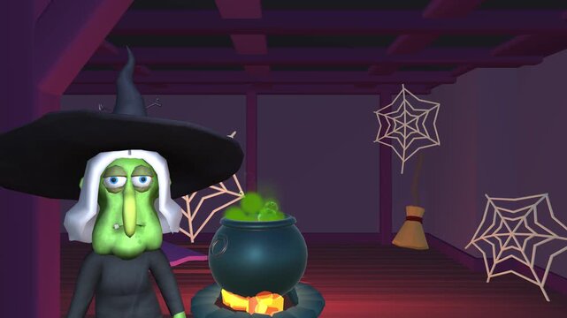 Witch in magic hut brews a potion in a cauldron. Spooky Halloween, human skull with a burning candle and stove