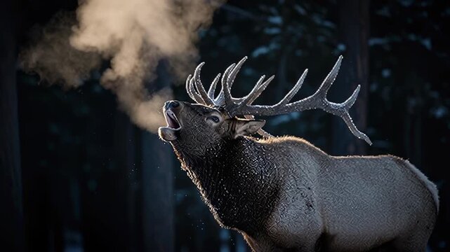 Majestic bull elk with large antlers bugling with steam breath in cold winter forest scenery