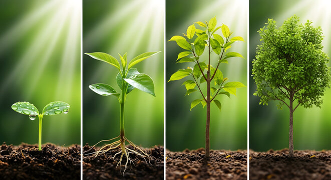 showing 4 up growing  stages of a seed to complete plant 