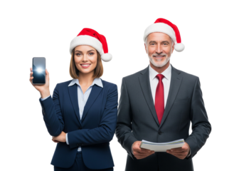 Business People in Santa Hats Holding Smartphone and Papers