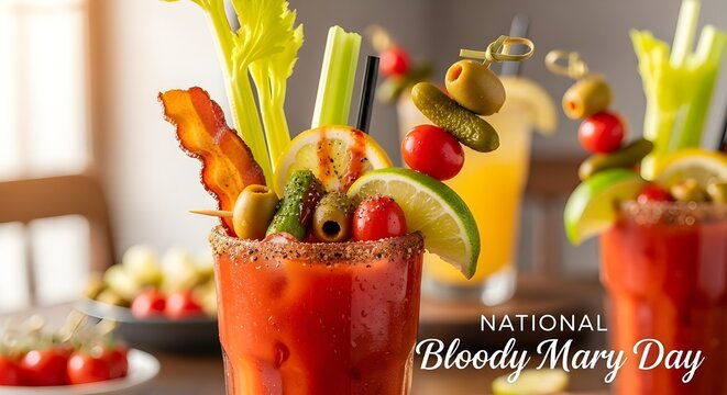 Bloody Mary Tomato Cocktail Glass - Spicy Vodka Beverage with Vegetable Garnish Bar. National Bloody Mary Day - Powered by Adobe