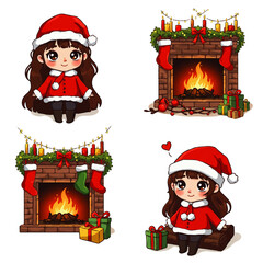 Adorable illustrations of a girl in a Santa outfit and festive fireplaces.