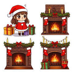 A cartoon girl in a Santa outfit stands near Christmas gifts and festive fireplaces.