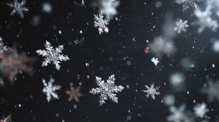 A stunning capture of intricate snowflakes gracefully falling against a dark background, showcasing their delicate beauty