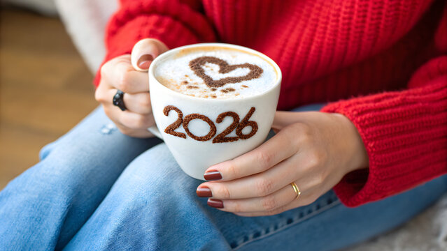 Woman in red sweater holds coffee mug with "2026" and heart latte art. This image symbolizes new beginnings, warmth, celebration, and a cozy start to the new year.