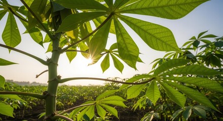 Sunlight Piercing Through Lush Cassava Leaves With Agricultural Field Background