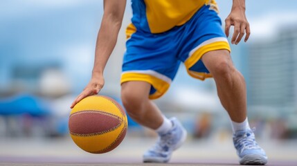 Fototapeta premium A talented player moves skillfully, dribbling a vibrant basketball on an outdoor court. The urban backdrop features modern buildings and hints of an exciting urban scene under a clear sky