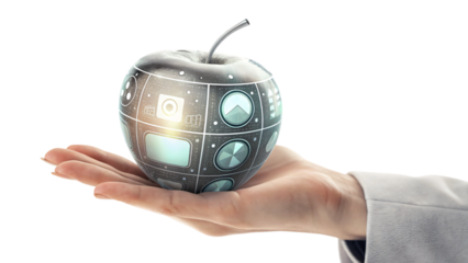 Hand holding an apple with a digital display, a technology equipment for business photography