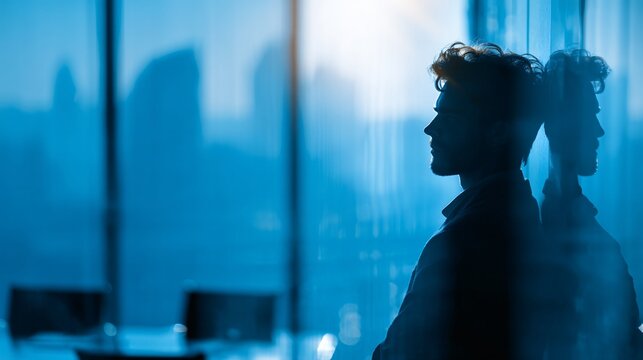 Pensive businessman silhouette leaning against glass wall in modern office with blue cityscape reflection