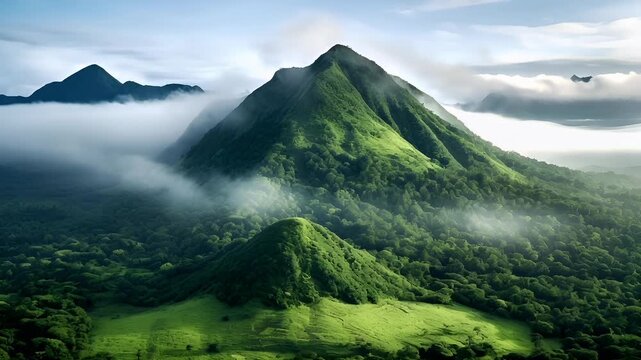 Aerial view of lush green mountain landscape with misty mountains and valleys.