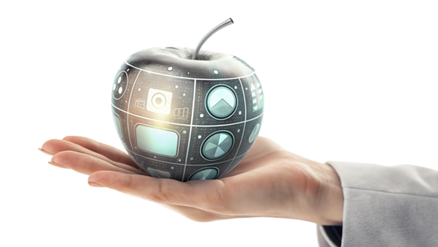 Hand holding an apple with a digital display, a technology equipment for business photography