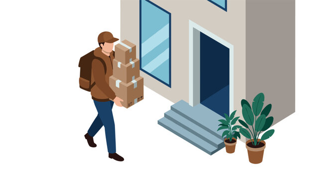 Delivery person in uniform carrying packages to modern doorstep in isometric style
