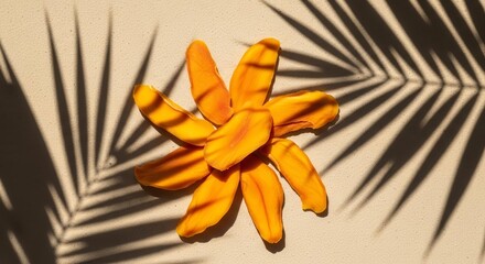 Sunlit Abstract Arrangement of Mango Slices Creating a Unique Floral Shape