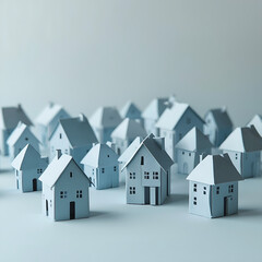 Miniature paper houses in soft blue tones form a minimalist cityscape, symbolizing serene community living and real estate concepts within an idyllic residential development showcased in studio light.