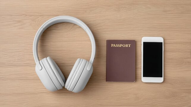 digital nomad daily routine Headphones, a passport, and a smartphone arranged on a wooden surface for travel essentials.