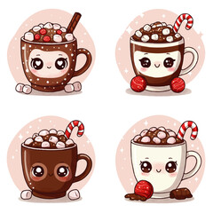 Four cute cartoon mugs filled with hot chocolate, marshmallows, and candy canes, with kawaii faces.