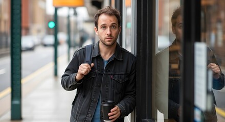 Young man waiting at bus stop drinking coffee commuter lifestyle urban environment
